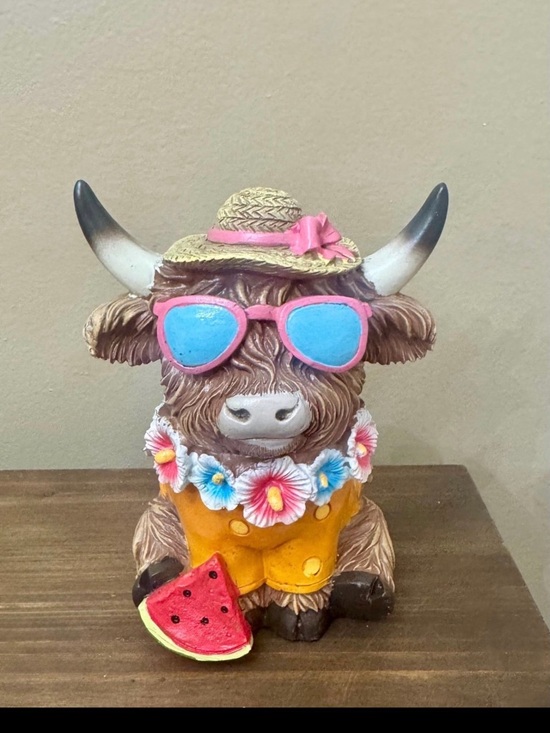 Other - Whimsical Highland Cow Figurine with Sunglasses and Straw Hat